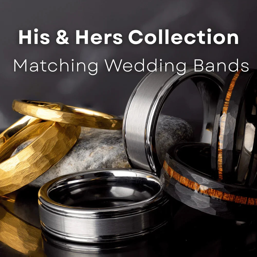 His and hers collection of bands in 6mm and 8mm on a black marble surface.