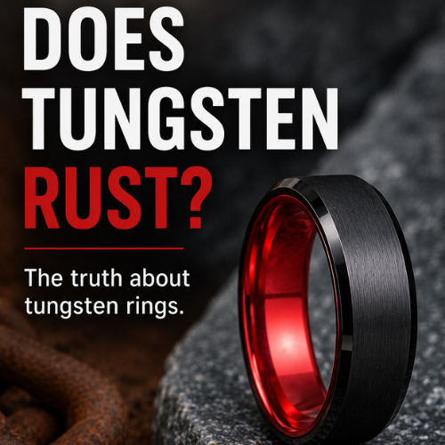 Black and red tungsten carbide band standing up on a grey stone with text overlay Does tungsten rust?