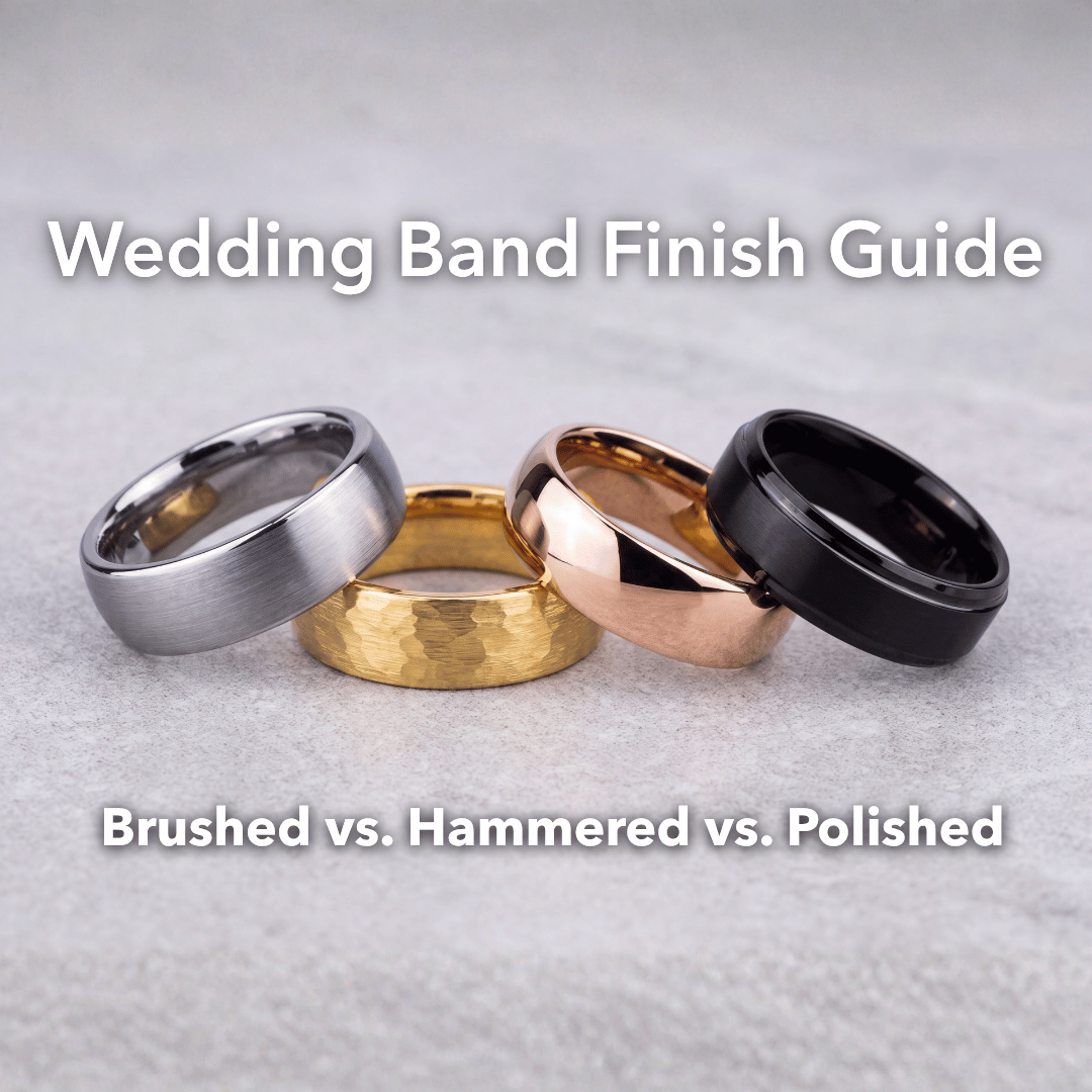 Tungsten carbide 8mm wedding rings in rose, yellow, silver and black all on a grey stone. All different finishes.