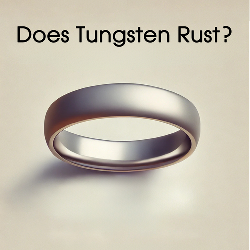 An illustration of a smooth, polished tungsten ring with a caption above that reads, 'Does Tungsten Rust?' in bold black letters against a light beige background. The simple and minimalist design focuses on the durability and qualities of tungsten.