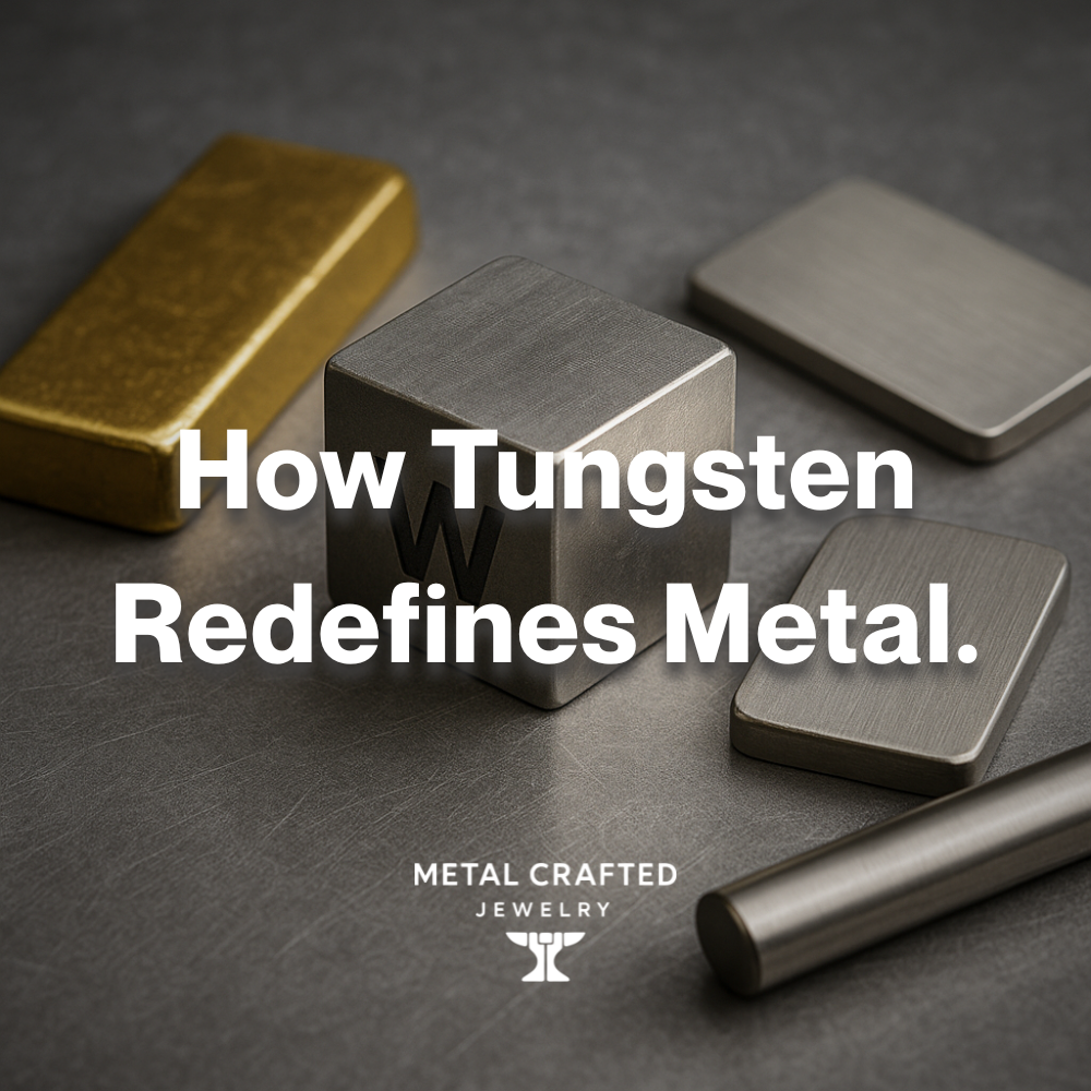 Vairous metal bars like gold, tungsten, steel etc. with text overlay saying "How Tungsten Redefines Metal."  on a sharp grey background