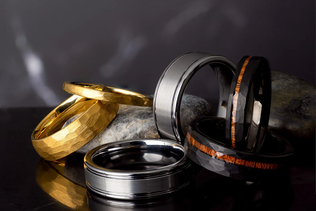 His & Hers tungsten carbide wedding bands in 6mm brushed black with red interior and polished silver 4mm band