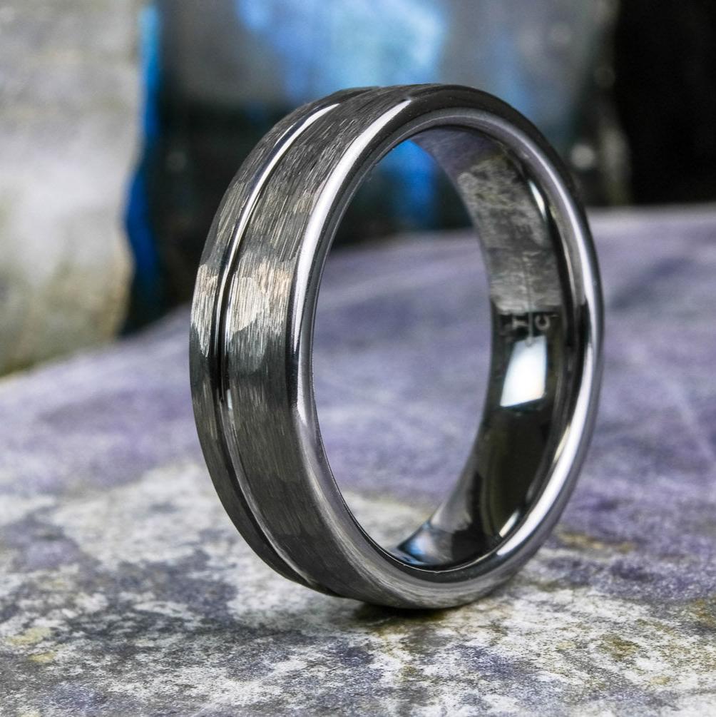 Bold Hammered Silver Band with Stripe - 6mm