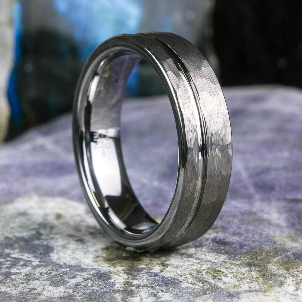 Bold Hammered Silver Band with Stripe - 6mm