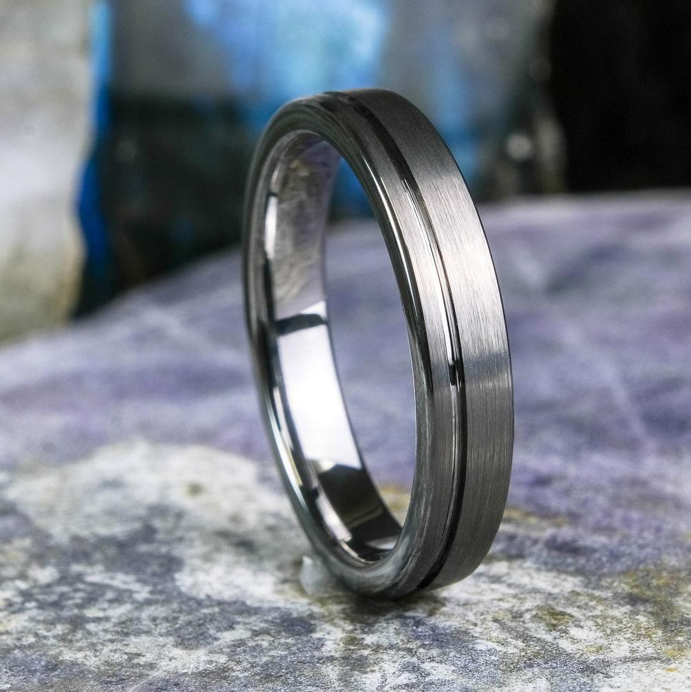 Elegant Brushed Silver Band with Stripe - 4mm