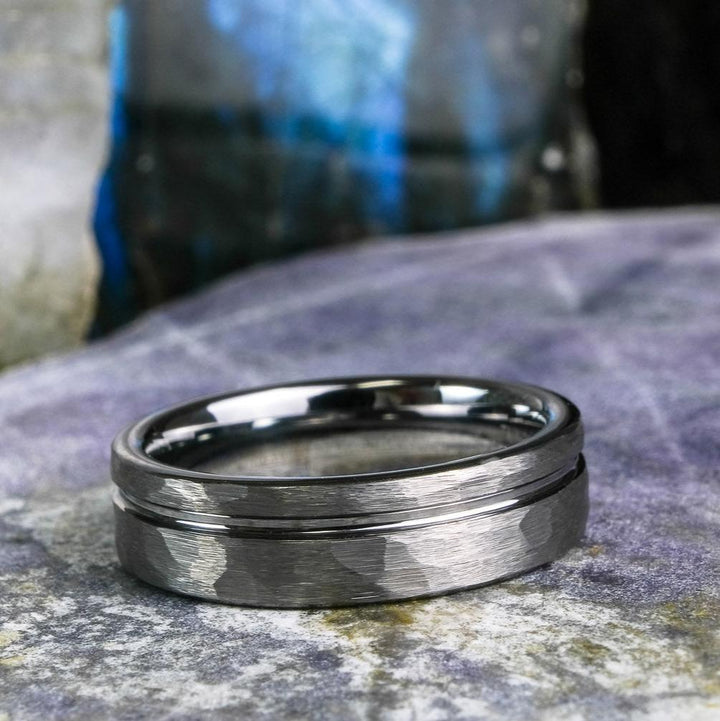 Bold Hammered Silver Band with Stripe - 6mm