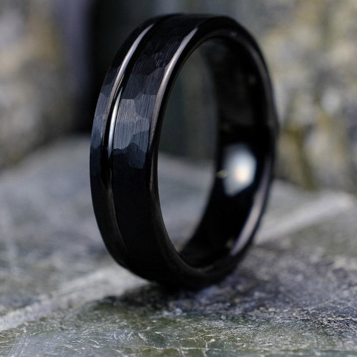 Bold Hammered Black Band with Stripe - 6mm