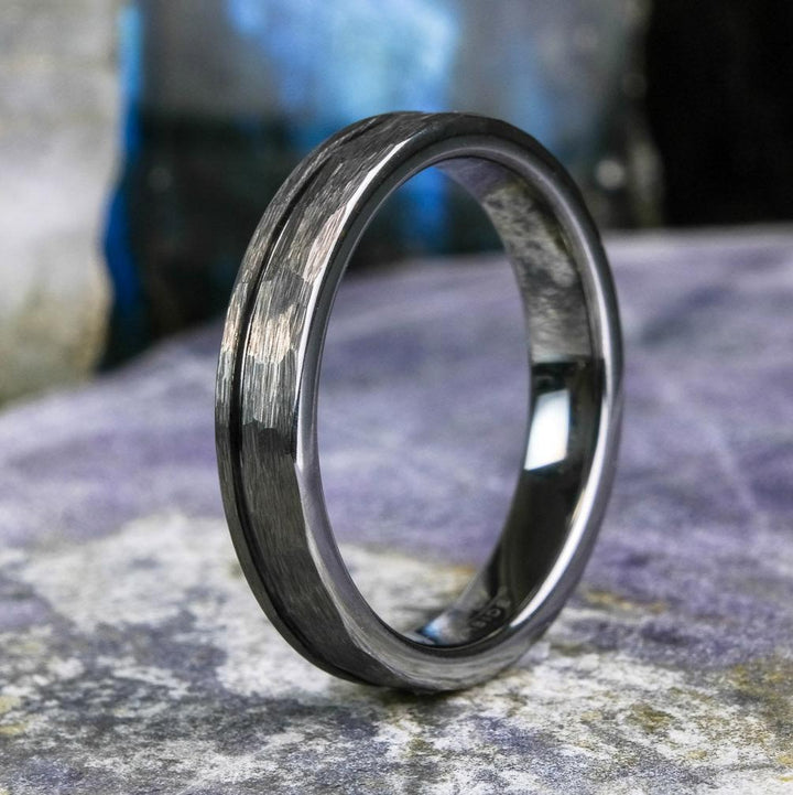 Bold Hammered Silver Band with Stripe - 4mm