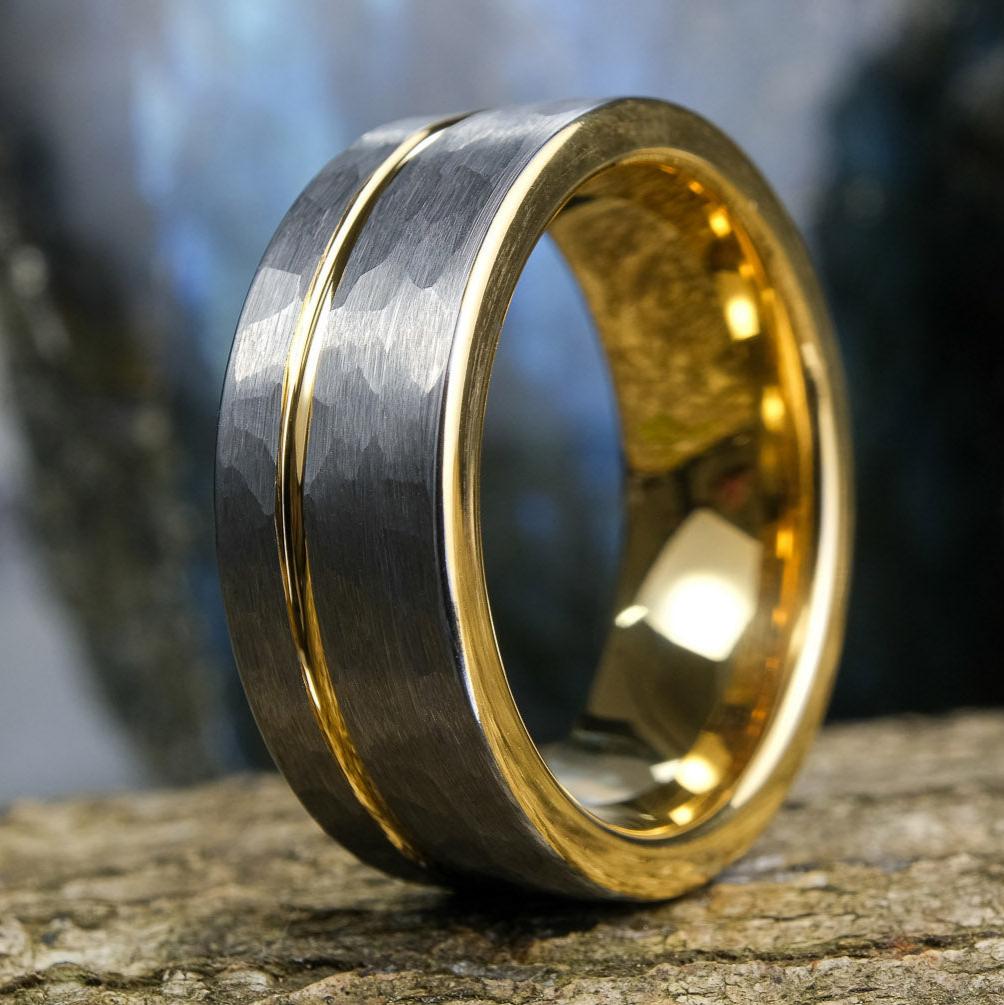 Silver Hammered / Yellow Gold Stripe & Interior - 8mm