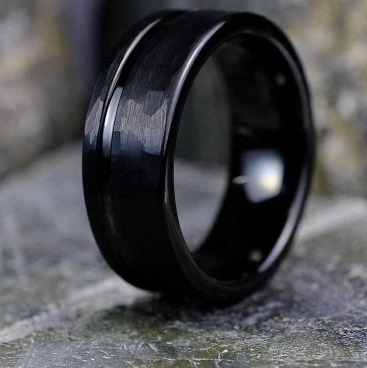 Bold Hammered Black Band with Stripe - 8mm