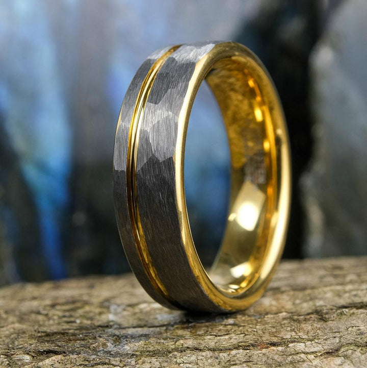 Silver Hammered / Yellow Gold Stripe & Interior - 6mm