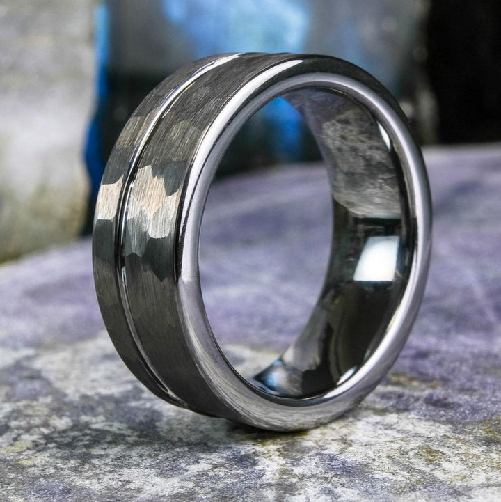 Bold Hammered Silver Band with Stripe - 8mm