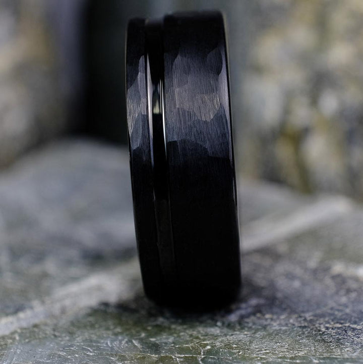 Bold Hammered Black Band with Stripe - 8mm