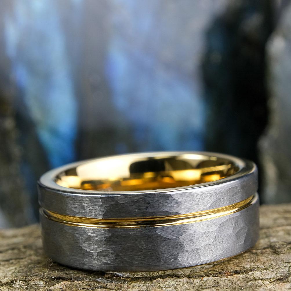 Silver Hammered / Yellow Gold Stripe & Interior - 8mm