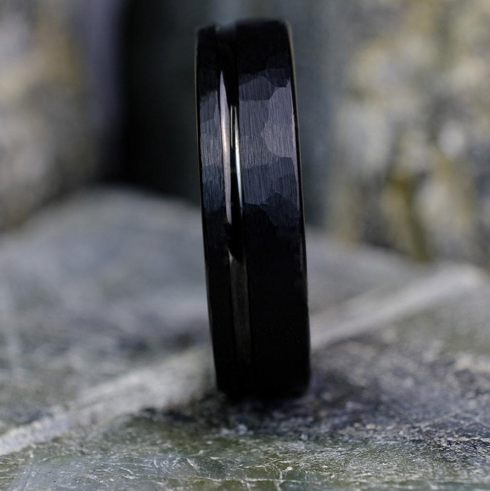 Bold Hammered Black Band with Stripe - 6mm