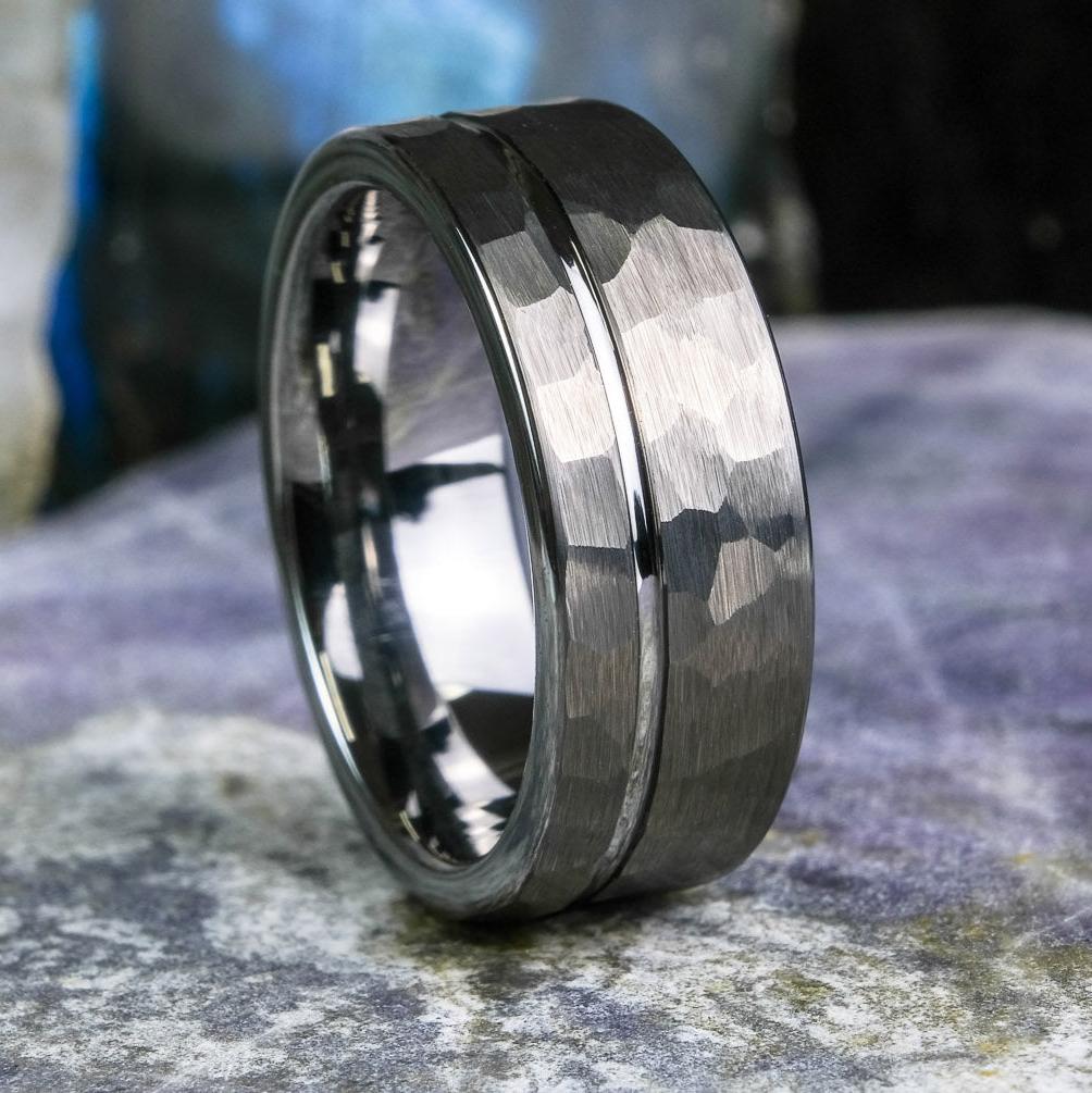 Bold Hammered Silver Band with Stripe - 8mm