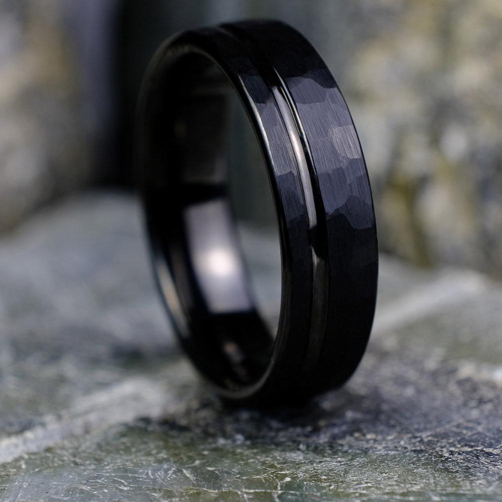 Bold Hammered Black Band with Stripe - 6mm