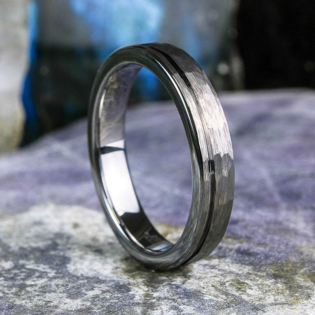 Bold Hammered Silver Band with Stripe - 4mm