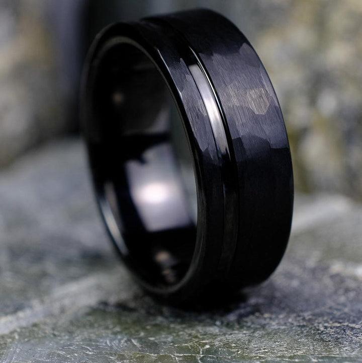 Bold Hammered Black Band with Stripe - 8mm