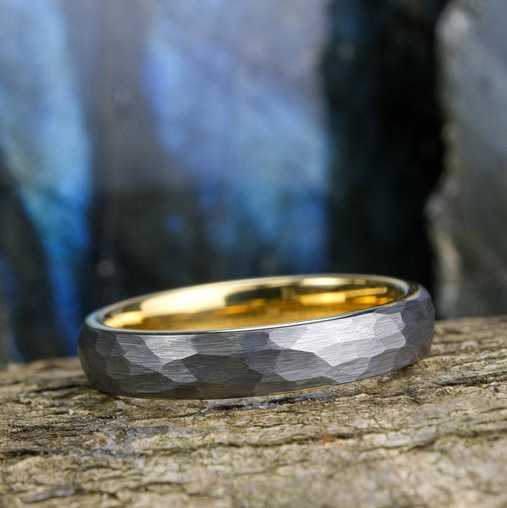 Hammered Silver Band / Yellow Gold Interior - 4mm