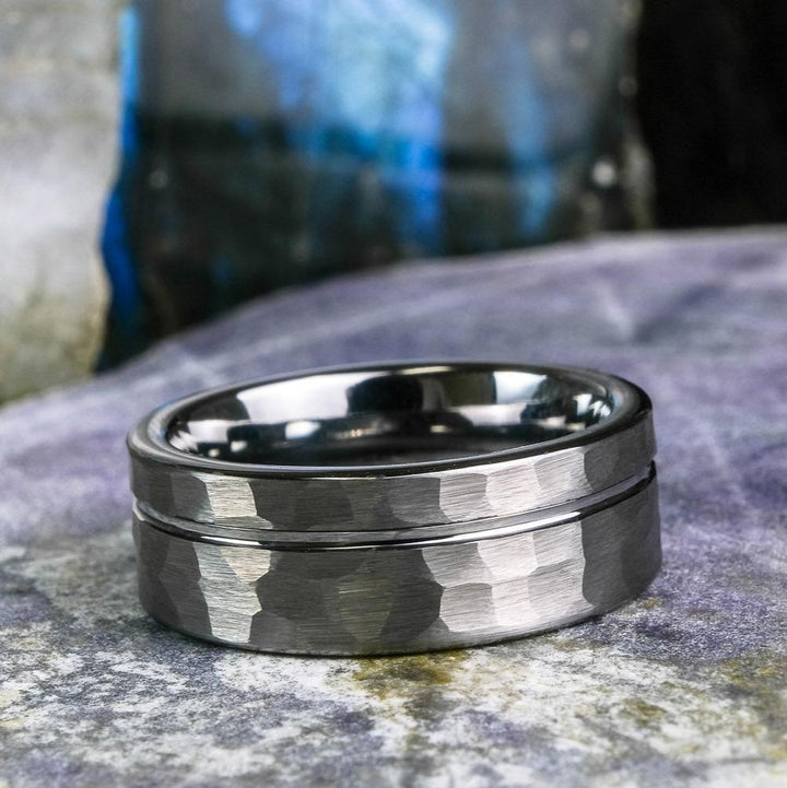 Bold Hammered Silver Band with Stripe - 8mm