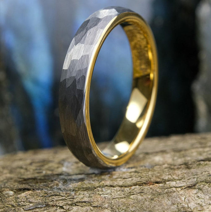 Hammered Silver Band / Yellow Gold Interior - 4mm