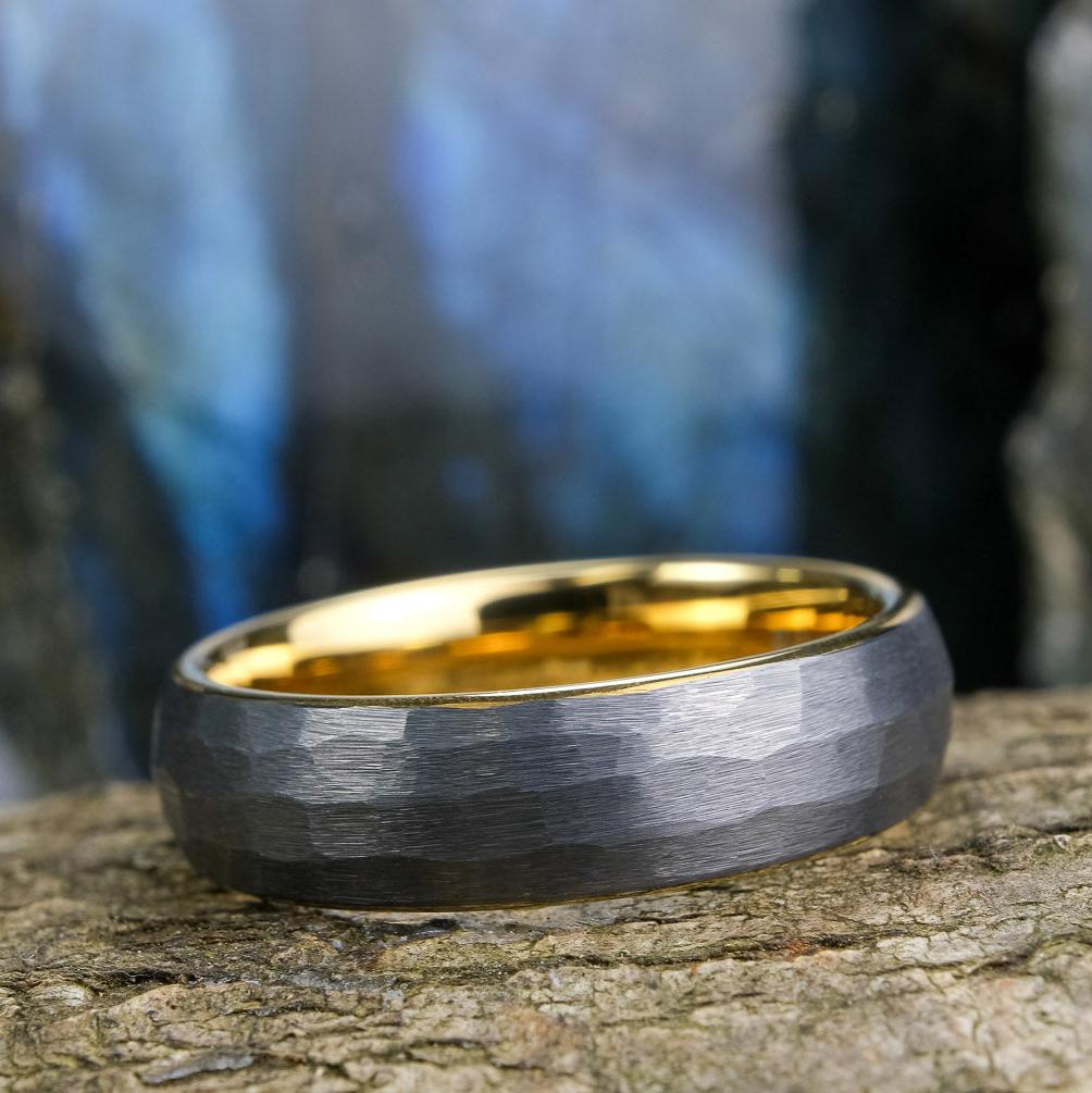 Hammered Silver Band / Yellow Gold Interior - 6mm