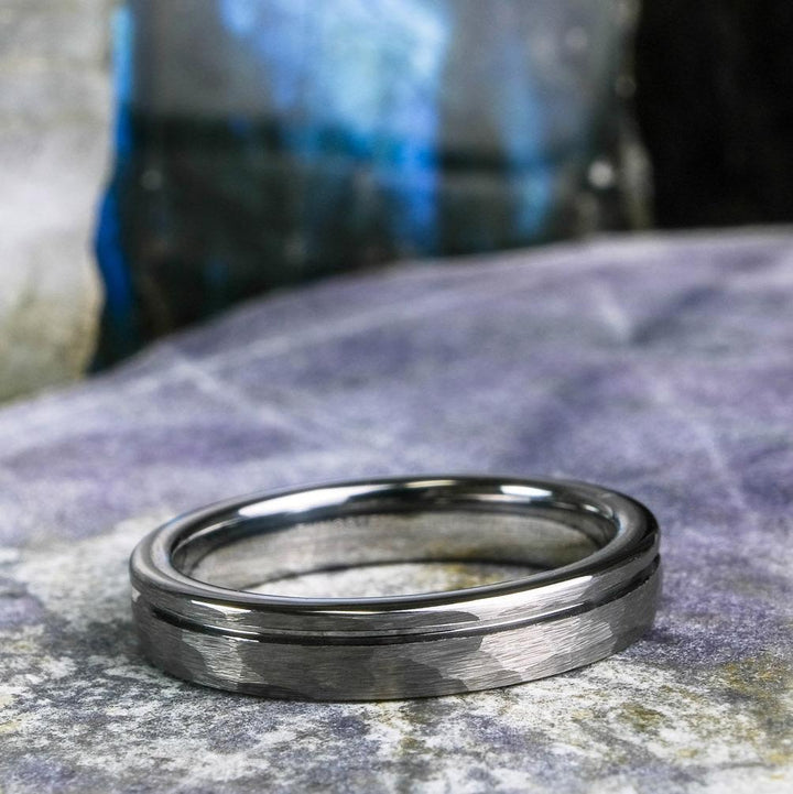 Bold Hammered Silver Band with Stripe - 4mm