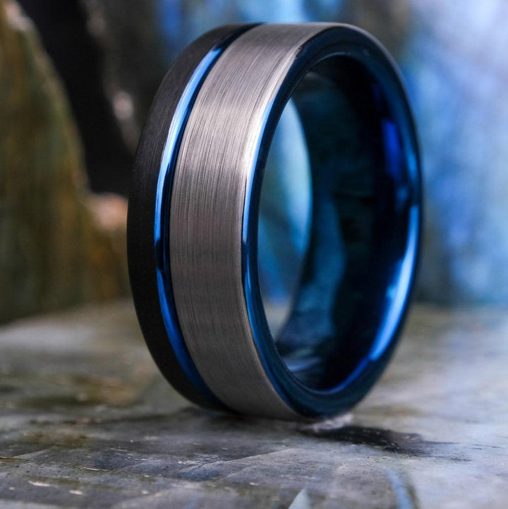 Two-Tone Brushed Black & Silver / Blue Stripe & Interior - 8mm