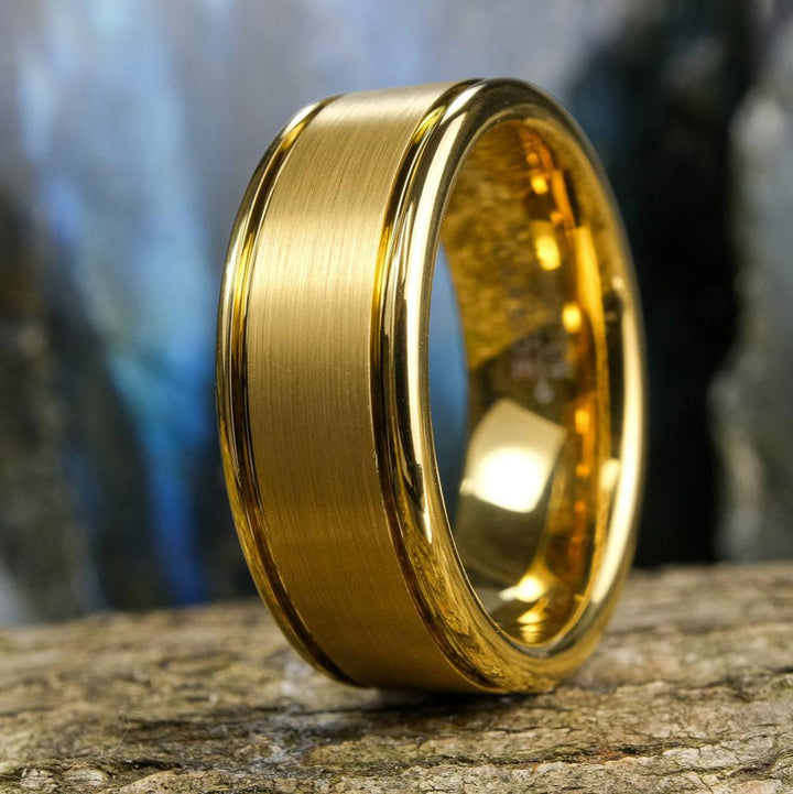 Brushed Yellow Gold Band / High Polished Side Walls - 8mm