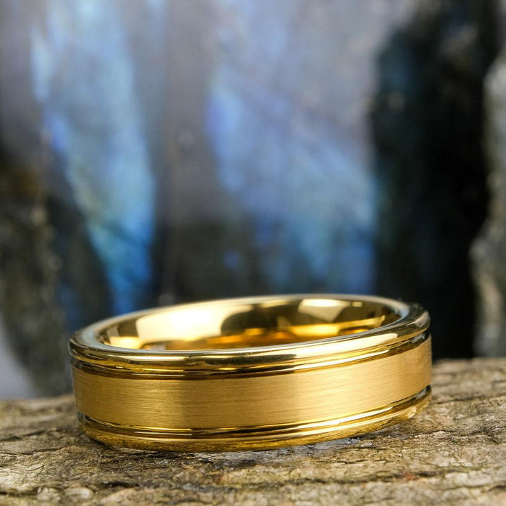 Brushed Yellow Gold Band / High Polished Side Walls - 6mm