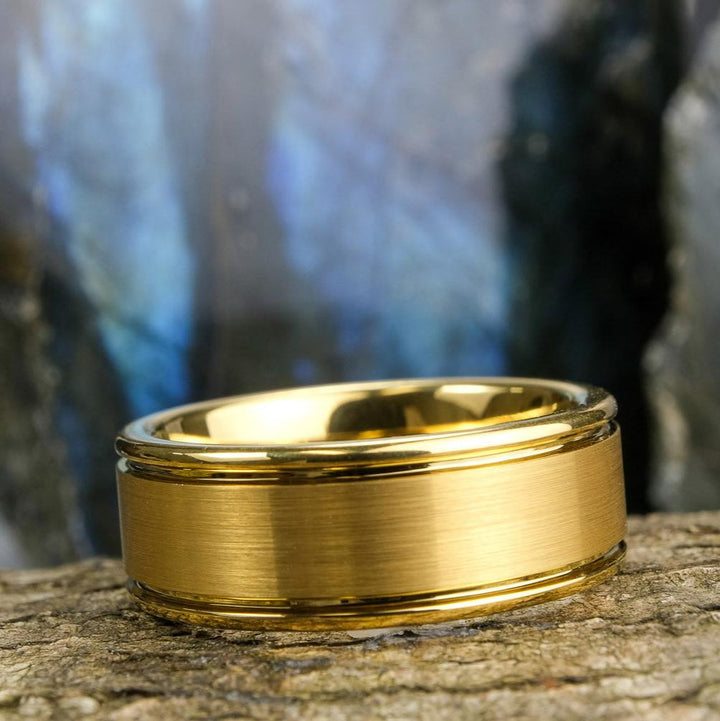 Brushed Yellow Gold Band / High Polished Side Walls - 8mm