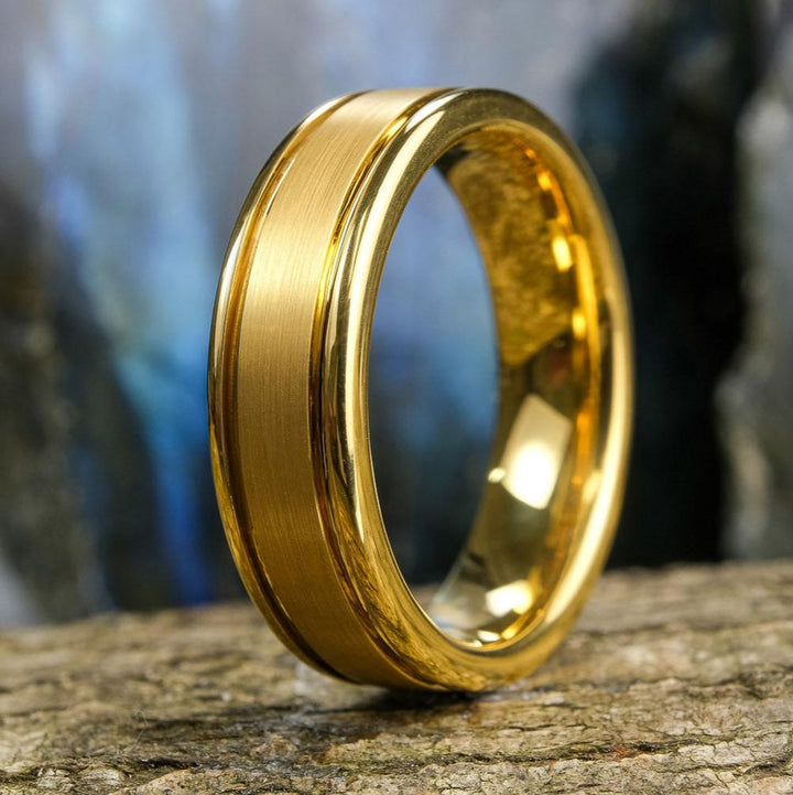 Brushed Yellow Gold Band / High Polished Side Walls - 6mm