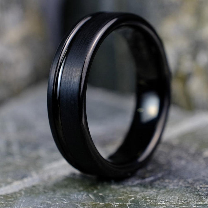 Elegant Brushed Black Band with Stripe - 6mm