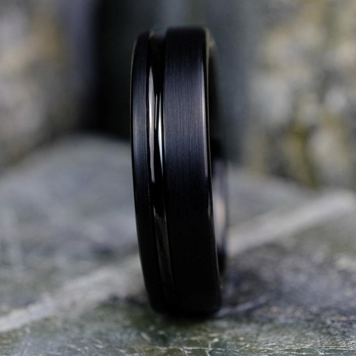 Elegant Brushed Black Band with Stripe - 6mm