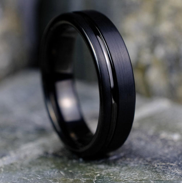 Elegant Brushed Black Band with Stripe - 6mm