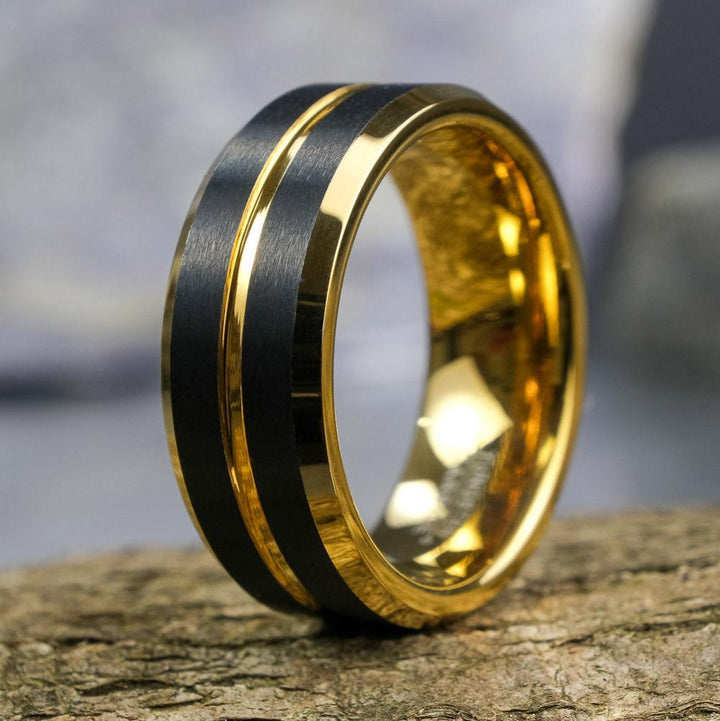 Yellow Gold Polished Band / Black Stripes - 8mm