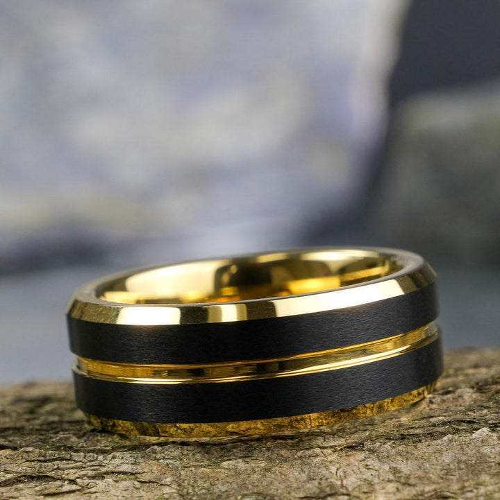 Yellow Gold Polished Band / Black Stripes - 8mm