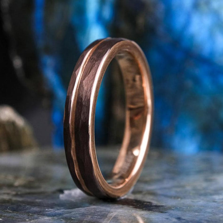 Mocha Brown Hammered / Rose Gold Stripe - 4mm