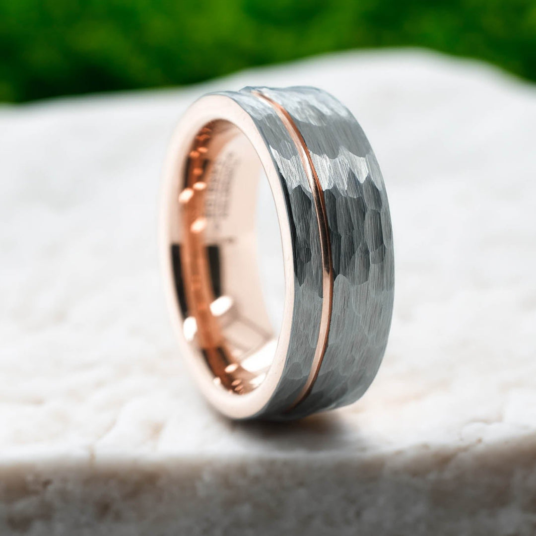 Hammered Silver Band / Rose Gold Stripe - 8mm