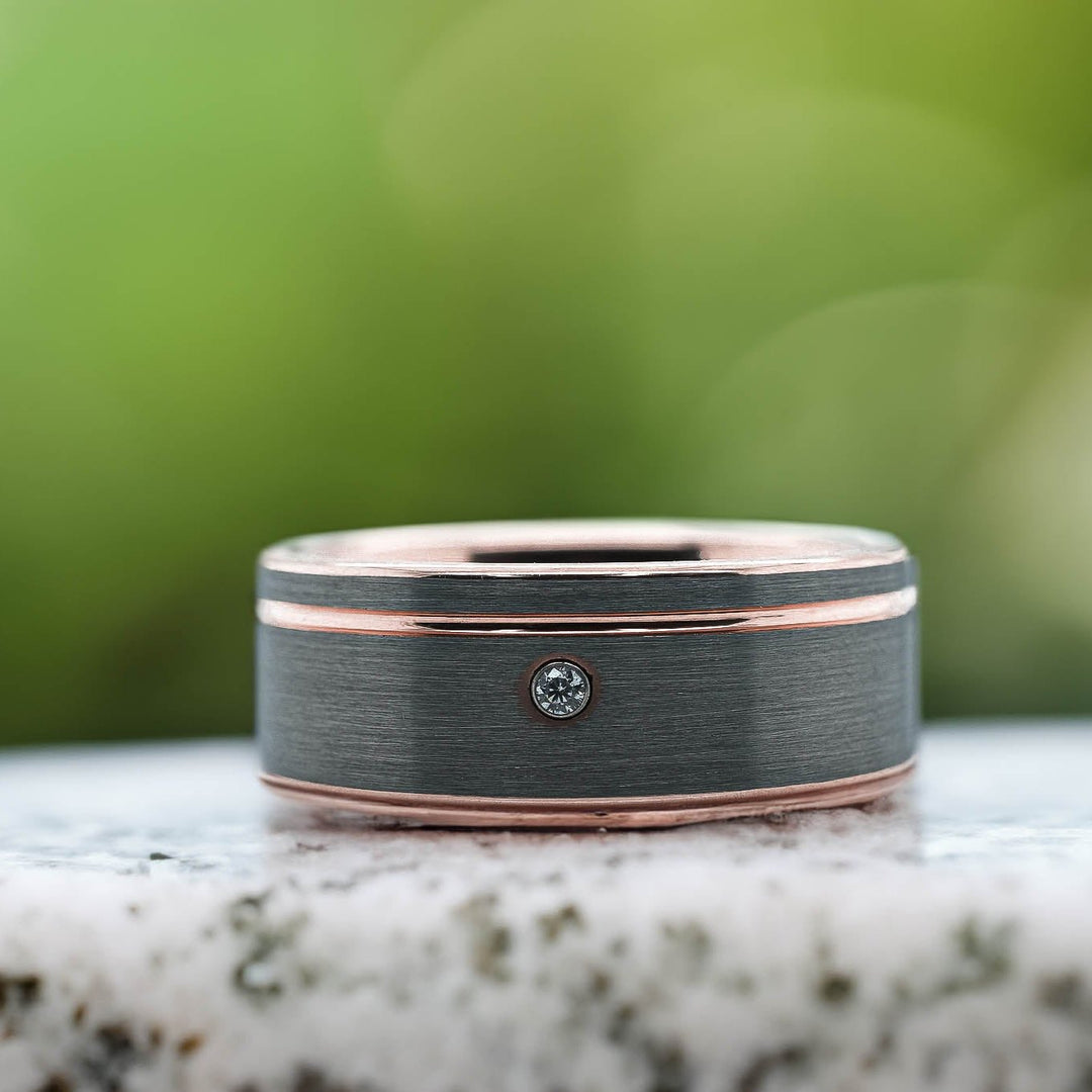 CZ Brushed Silver Band / Rose Gold Stripe & Interior - 8mm