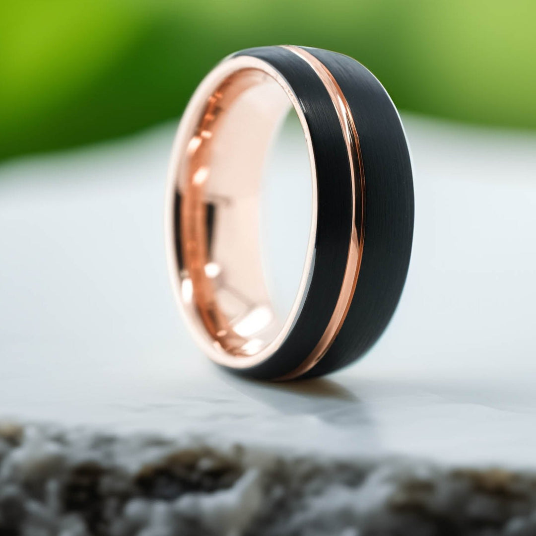 Rounded Black Brushed / Rose Gold Stripe - 8mm