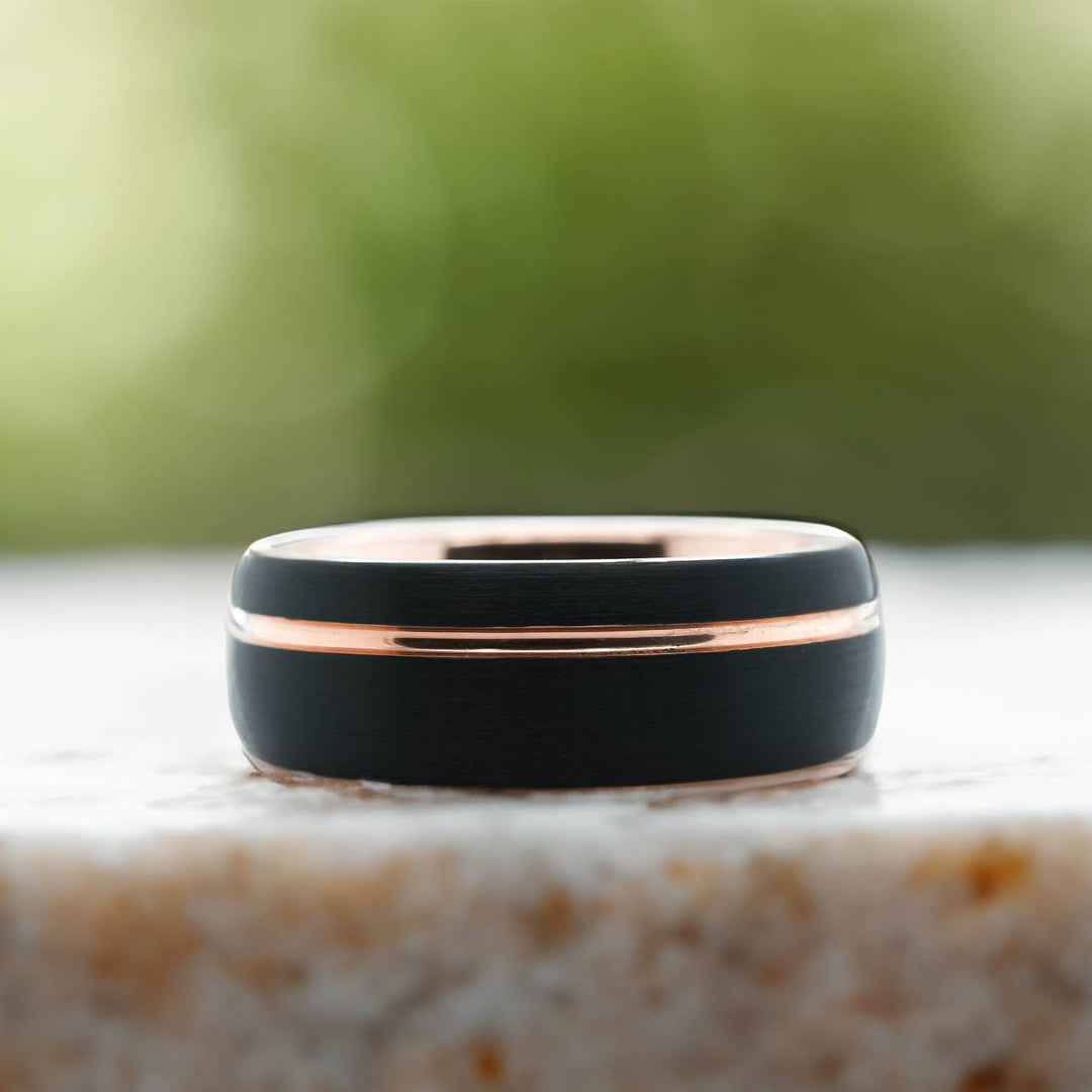 Rounded Black Brushed / Rose Gold Stripe - 8mm