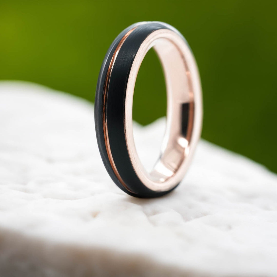 Rounded Black Brushed / Rose Gold Stripe - 4mm