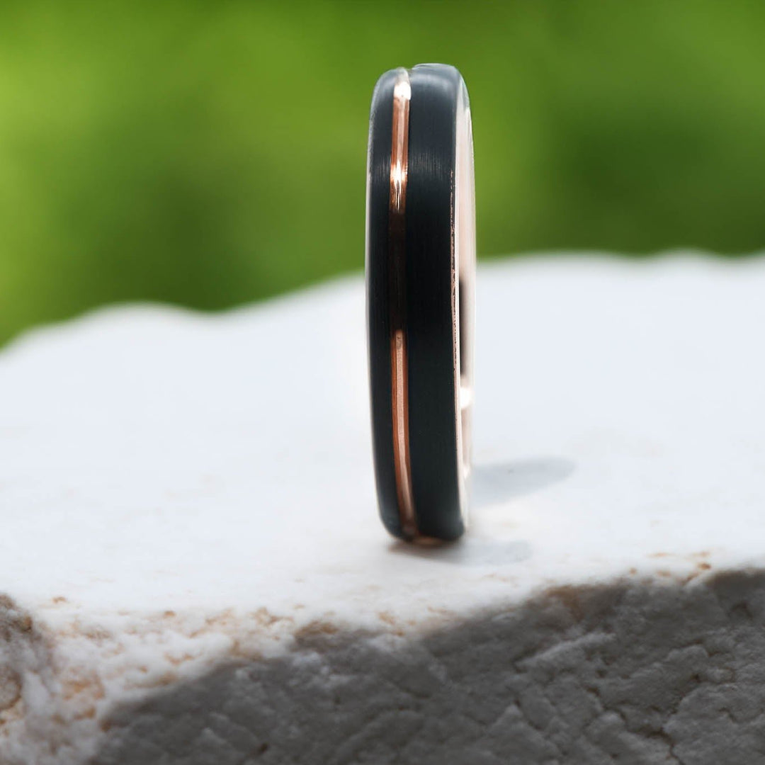 Rounded Black Brushed / Rose Gold Stripe - 4mm