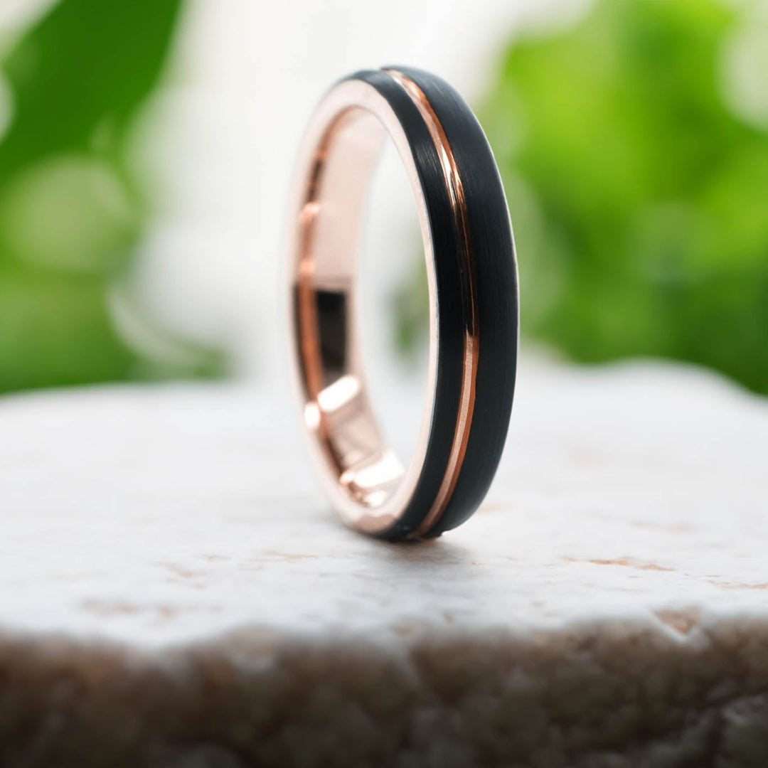 Rounded Black Brushed / Rose Gold Stripe - 4mm