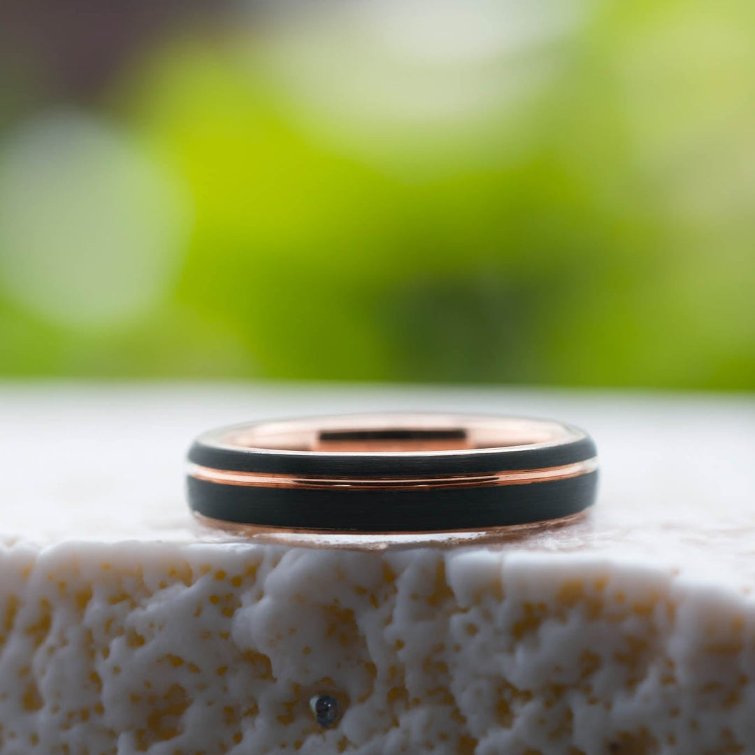 Rounded Black Brushed / Rose Gold Stripe - 4mm