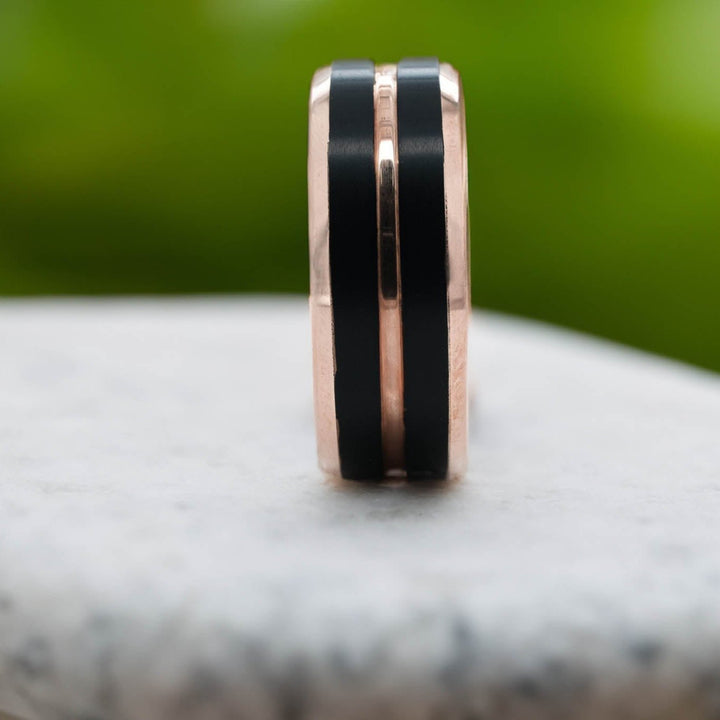 Rose Gold Polished Band / Black Stripes - 8mm