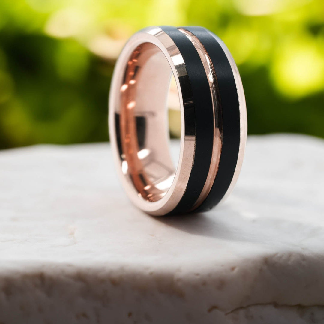 Rose Gold Polished Band / Black Stripes - 8mm