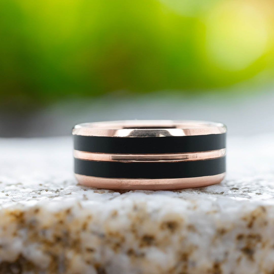 Rose Gold Polished Band / Black Stripes - 8mm